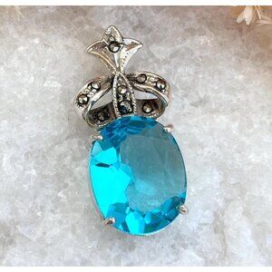 Blue Topaz Gemstone Art Deco Sterling Silver Vintage 925 Statement Pendant